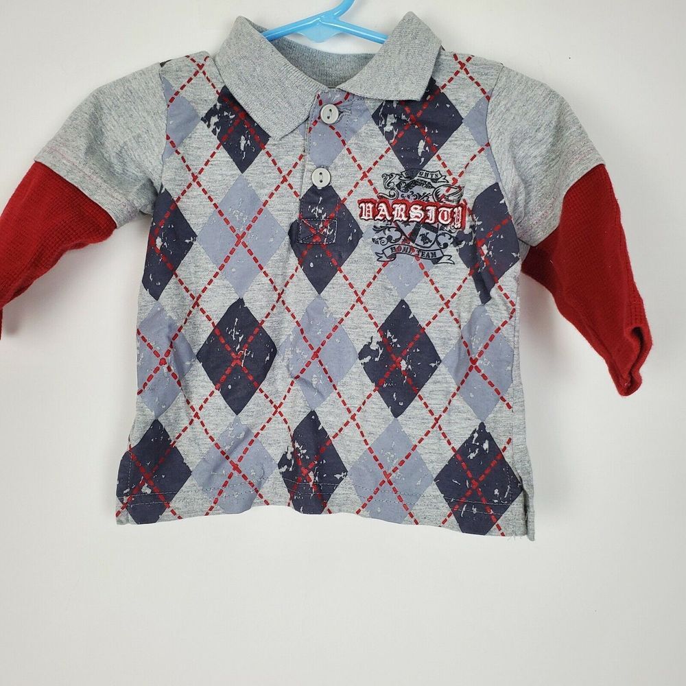 Baby Togs 6M Varsity Argyle Long‎ Sleeve Toddler Boy Shirt Gray GUC